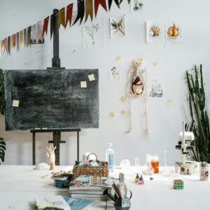 Explore a creatively decorated classroom with anatomical models, plants, and science equipment.