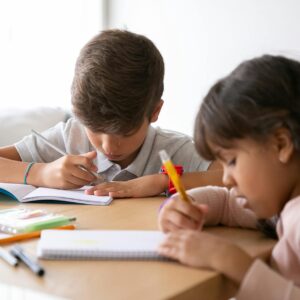 Two children studying together at home, focused on their schoolwork.